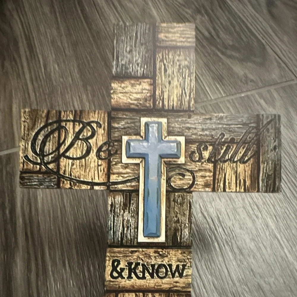 Wood Wall Cross Plaque, Blue Cross Inlay, Psalm 46:10 Be Still & Know